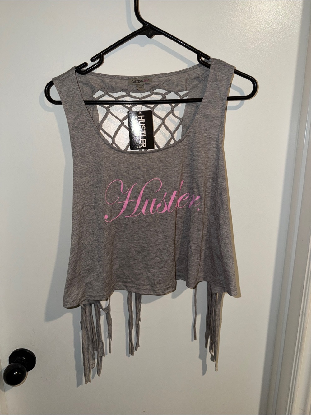 Hustler Hollywood Gray Tank Top with Pink Logo and Fringe